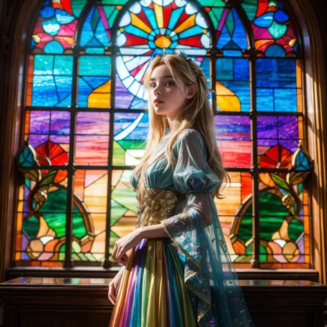 TopQuality 8K masterpiece of Professional photography, ((Lady Clarisse de Cagliostro)), The background is distant (Elaborate colorful stained glass), Enchanting atmosphere, Rainbow Glass