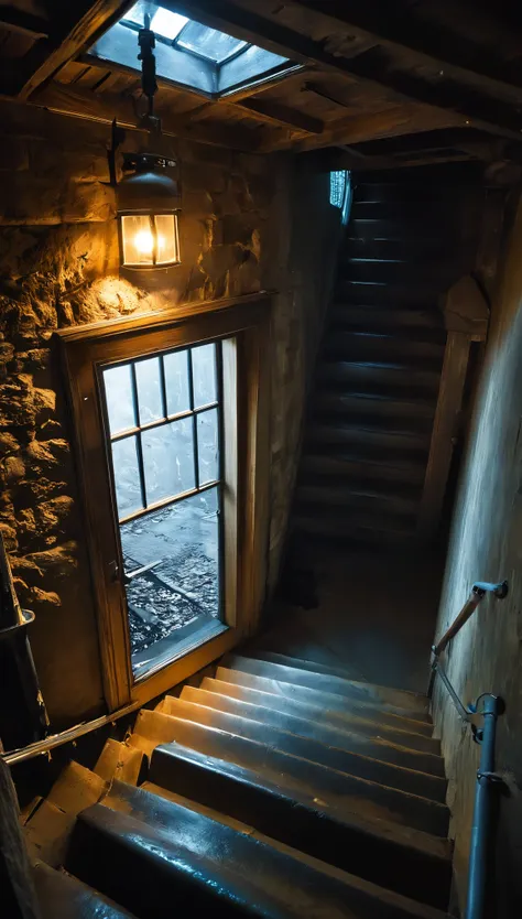 overhead shot, showcasing the staircase, the basement door opens automatically, whispers emanate from the darkness.