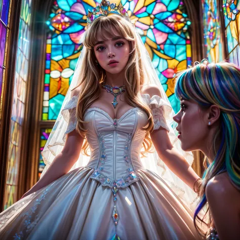 ZoomLayer TopQuality 8K masterpiece of ((Professional photo)), ((Lady Clarisse de Cagliostro)) White WeddingDresses, ChainTiara, Extremely detailed KAWAII face, The background is distant (Elaborate colorful stained glass), Enchanting atmosphere, Rainbow Gl...