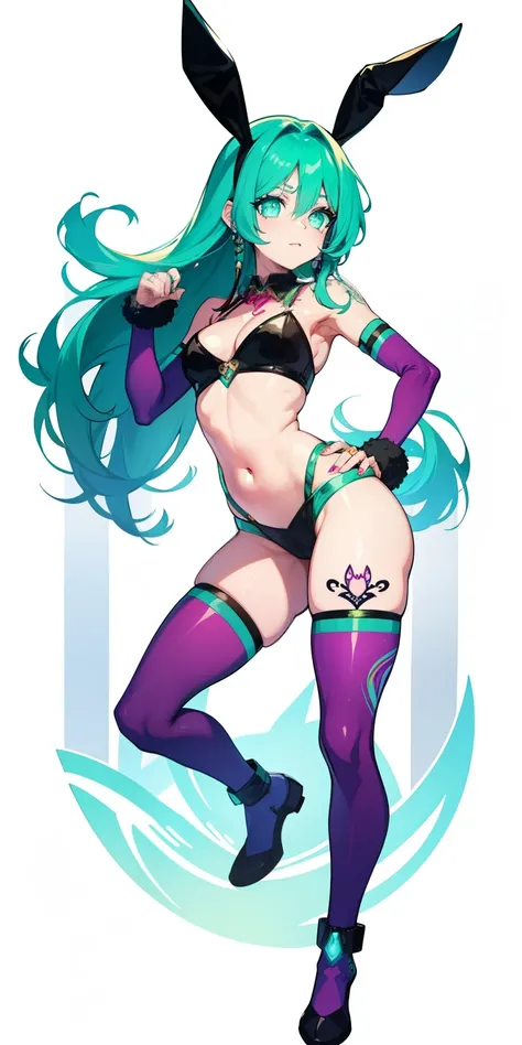 Rabbit technique , science, cuddly , 
1 , tattoos, tattoos brilhantes, glare eyes, Colorful and shiny hair , （lesbian full body）, hair green,Kavitek open navel, pastel colours, kawaii, cute colors,