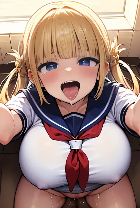 nsfw:1.2,prison,blonde,Braid,blue eyes,Big Breasts,blush,Sweat,Sloppy face,((Hanging eyes、Sailor suit、Big Mouth、tooth))、(Himiko Toga),barefoot,Face down,Lying down,Sticking out tongue,saliva,looks happy,tickle,joy,shy,tears,Ahegao:1.5,Overflowing Sex Fluid...