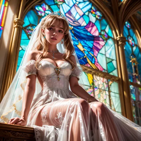 ZoomLayer TopQuality 8K masterpiece of ((Professional photo)), (((Lady Clarisse de Cagliostro))) (Detailed White WeddingDresses), ChainTiara, Extremely detailed KAWAII face, The background is distant (Elaborate colorful stained glass), Enchanting atmospher...