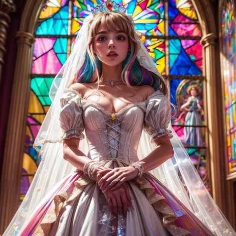 ZoomLayer TopQuality 8K masterpiece of ((Professional photo)), (((Lady Clarisse de Cagliostro))) (Detailed White WeddingDresses), ChainTiara, Extremely detailed KAWAII face, The background is distant (Elaborate colorful stained glass), Enchanting atmospher...