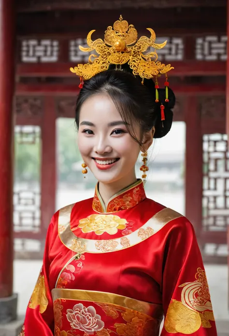 A woman in a traditional Chinese dress of red and gold, smiling and gazing at you