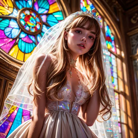 ZoomLayer TopQuality 8K masterpiece of ((Professional photo)), (((Lady Clarisse de Cagliostro))) (Detailed White WeddingDresses), ChainTiara, Extremely detailed KAWAII face, The background is distant (Elaborate colorful stained glass), Enchanting atmospher...