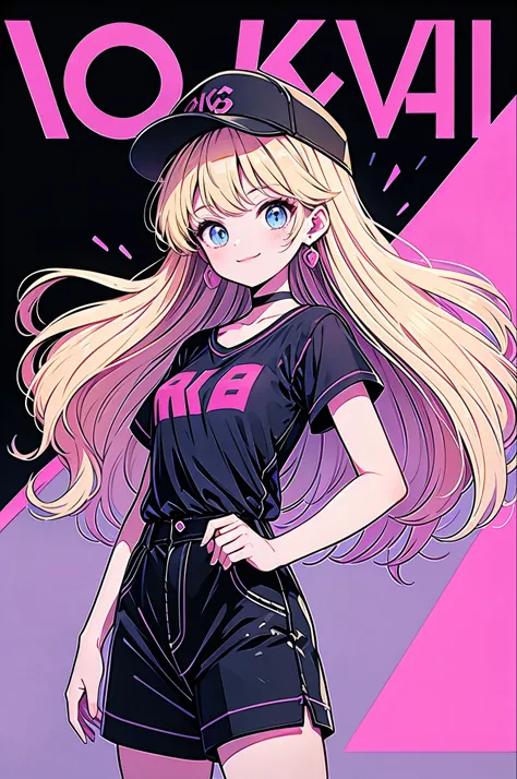 highest quality,smile,woman,woman1人,cute,long hair,blonde,light blue eyes, black t-shirt,black shorts,earrings,black choker, pin...