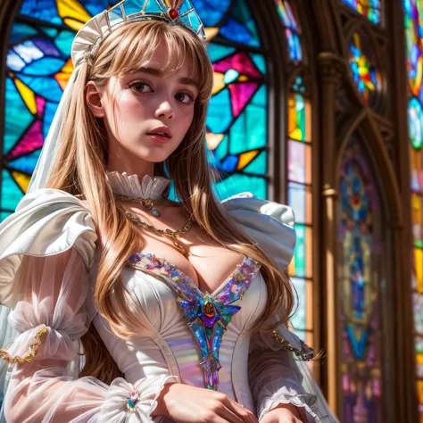 ZoomLayer TopQuality 8K masterpiece of ((Professional photo)), (((Lady Clarisse de Cagliostro))) (Detailed White WeddingDresses), (Chain)Tiara, Closeup of ( Extremely detailed KAWAII face), The background is distant ((Elaborate stained glass)) Rainbow Glas...