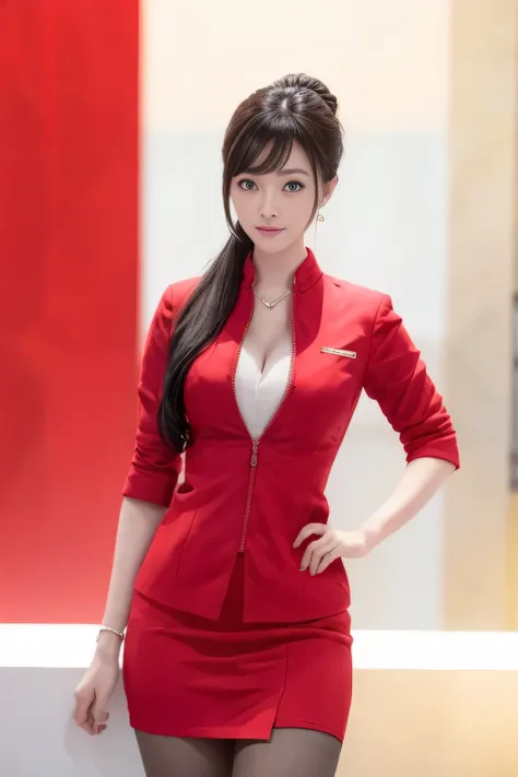 masterpiece:1.2, Highest quality:1.2), 32k HDR, High resolution, (alone, 1 Girl), （AirAsia stewardess uniform realistic style）, A proper woman, Beautiful Face, Brown Hair, (Long hair down to the legs), (Red jacket:1.1, Unzipped jacket, Unbuttoned white shi...