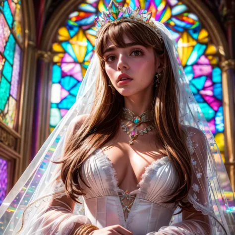 ZoomLayer TopQuality 8K masterpiece of ((Professional photo)), (((Lady Clarisse de Cagliostro))) (Detailed White WeddingDresses), ChainTiara, Extremely detailed KAWAII face, The background is distant (Elaborate colorful stained glass), Enchanting atmospher...