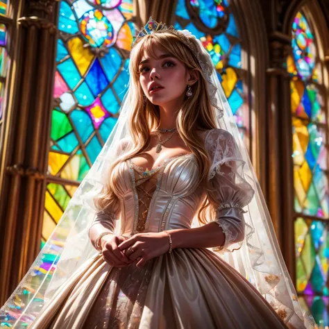 ZoomLayer TopQuality 8K masterpiece of ((Professional photo)), (((Lady Clarisse de Cagliostro))) (Detailed White WeddingDresses), ChainTiara, Extremely detailed KAWAII face, The background is distant (Elaborate colorful stained glass), Enchanting atmospher...