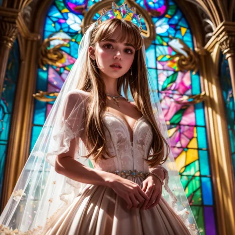 ZoomLayer TopQuality 8K masterpiece of ((Professional photo)), (((Lady Clarisse de Cagliostro))) (Detailed White WeddingDresses), ChainTiara, Extremely detailed KAWAII face, The background is distant (Elaborate colorful stained glass), Enchanting atmospher...