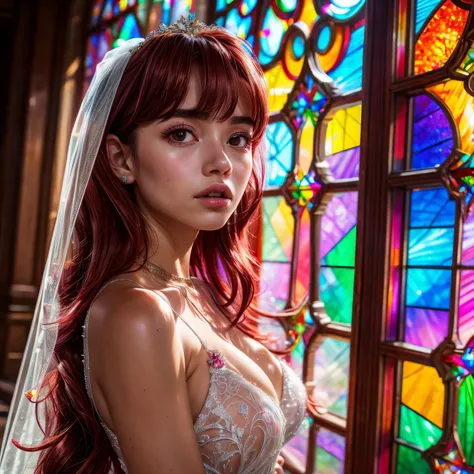 RubyRed, ZoomLayer, TopQuality 8K masterpiece of ((Professional photo)), (((Clarisse de Cagliostro))) (Detailed White WeddingDresses), Chain, Closeup of (Extremely detailed KAWAII face), The background is distant ((Elaborate stained glass)) Rainbow Glass, ...