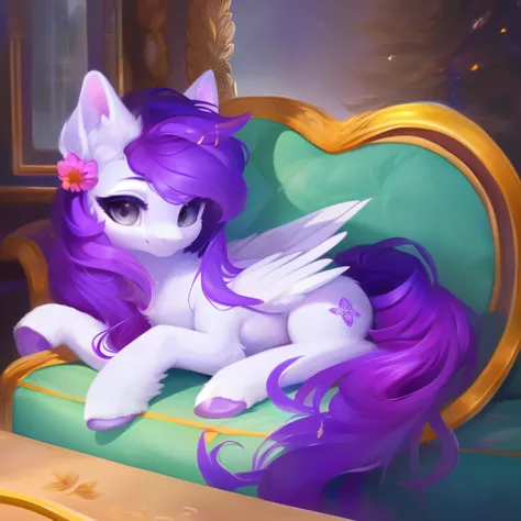 rating_safe, score_9, fluffy, feral pegasus pony, female,round cute face， Lavender purple body, black-purple mane, disheveled hair, soft and delicate long hair, clear grey eyes, grey eyes, smiling. dynamic。young and beautiful。Lying on the sofa，白色of沙发，Cool。...