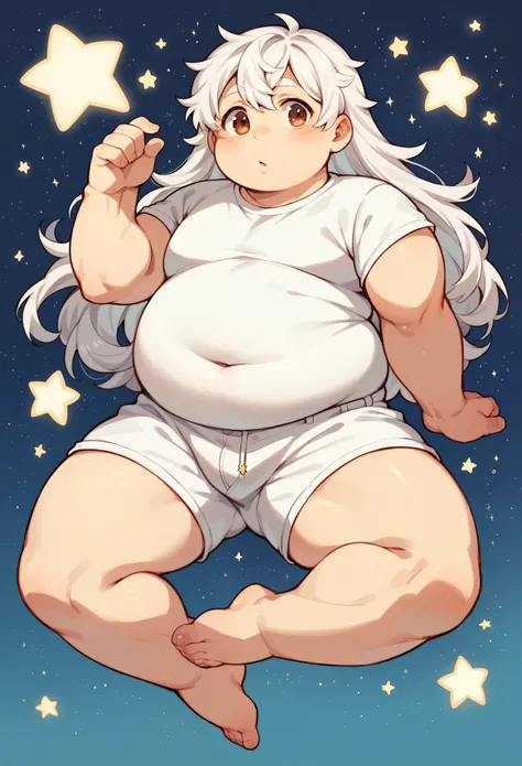 cute boy,White hair，Long hair，fat，Chubby body，He has warm brown eyes.，Stars background，White shorts，barefoot