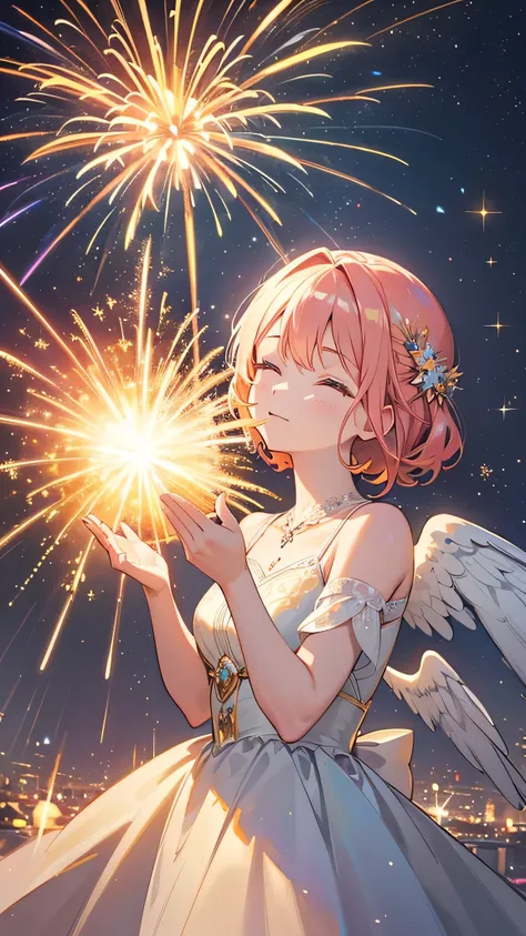 An illustration of an angel surrounded by fireworks, with each spark depicted in delicate detail. The angel should be portrayed beautifully and ethereally, with an emphasis on light and radiance. The overall scene should be vibrant and visually stunning, c...