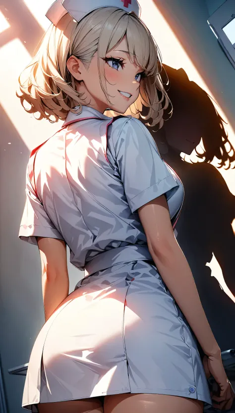 Sexy nurse, A curvaceous body, Obscene, Lust, Lustrous smile, Lustのナース, Nurse cap, incite inferiority, Obscene eyes, Eye Light, Lewd smile, Beautiful nurse costume, White, ((Backwards:1.4, turn around)), Focus on the butt:1.2, Beautiful profile details, Co...