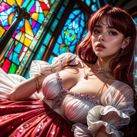 RubyRed, ZoomLayer, TopQuality 8K masterpiece of ((Professional photo)), (((Clarisse de Cagliostro))) (Detailed White WeddingDresses), Chain, Closeup of (Extremely detailed KAWAII face) VeiledFace, The background is distant ((Elaborate stained glass)) Rain...