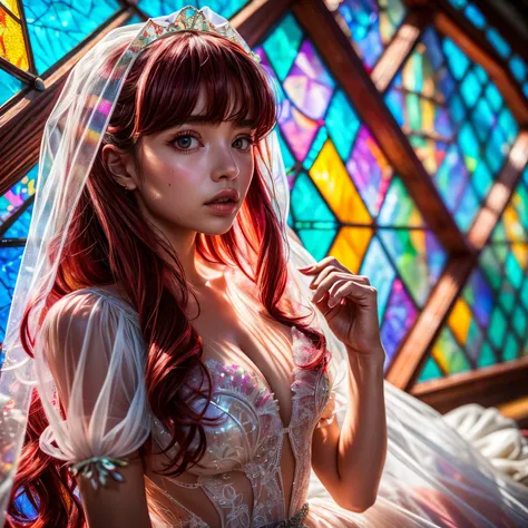 RubyRed, ZoomLayer, TopQuality 8K masterpiece of ((Professional photo)), (((Clarisse de Cagliostro))) (Detailed White WeddingDresses), Chain, Closeup of (Extremely detailed KAWAII face) VeiledFace, The background is distant ((Elaborate stained glass)) Rain...