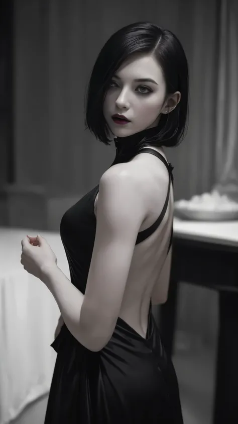 (high quality: 1.3), Cinematic shots, masterpiece, (Sharp focus: 1.5), (Realistic: 1.3), Medium portrait (Beautiful young vampire woman, Pale skin, Gothic, Still proud、Brave, Straight black short bob hair, Dark look, Wearing a very finely crafted dark tuni...