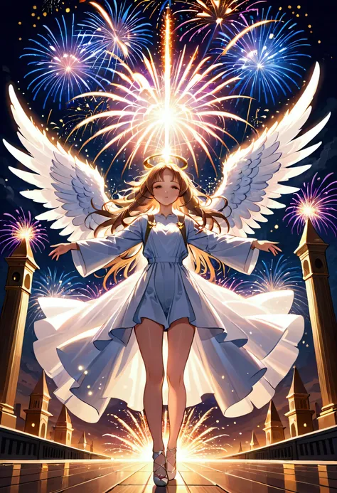 An illustration of an angel with large, outspread wings, surrounded by fireworks. Each spark of the fireworks should be depicted in delicate detail. The angel should be portrayed beautifully and ethereally, with an emphasis on light and radiance. The wings...