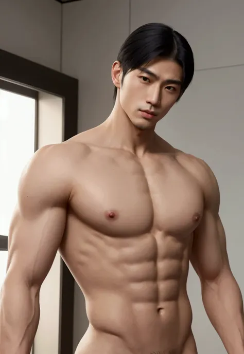 a man, with Japanese features, black bowl hair, black eyes, light skin, Gym clothes ,very muscular, slender and strong body, Clear Skin, he has a sexy male face,he is naked, naked sexy, with a very big and beautiful hot dick