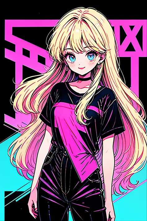 highest quality,smile,woman,woman1人,cute,long hair,blonde,light blue eyes, black t-shirt,black shorts,earrings,black choker, pin...