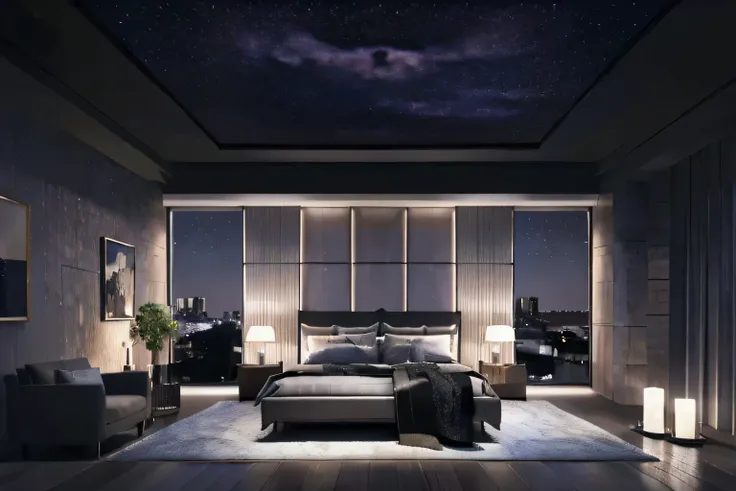 3d animation movies「cozy room」stills of, you can enjoy the night view from the large windows.., moon with coat of arms, dark, sa...