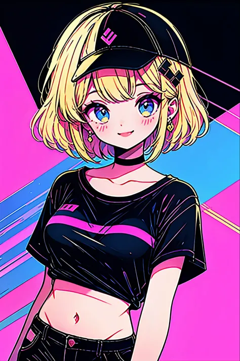 Highest quality,smile,woman,woman1人,cute,Short Bob,Blonde,Light blue eyes, Black T-shirt,Black shorts,Earrings,Black choker, Pink background,