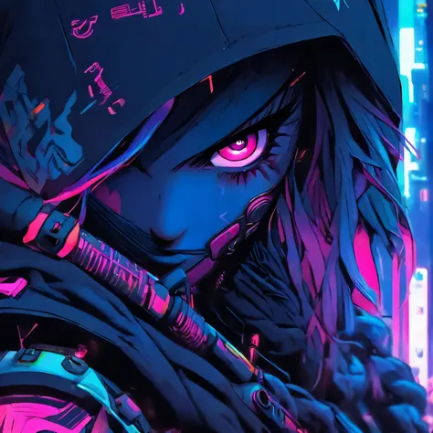 a close up of a person with a gun and a hood on, cyberpunk art by senior character artist, trending on Artstation, neoism, cyberpunk assassin, cyberpunk anime girl in hoodie, female cyberpunk anime girl, dark natasha, female assassin, mechanized soldier gi...