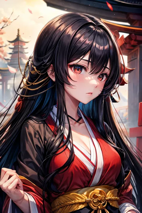 long black hair，Black eyes，Shrine maiden