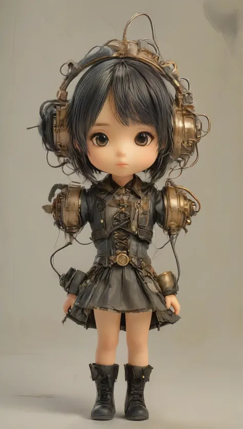 The Style of Kawanabe Kyosai、Little、Big Face、Big eyes、Girl、Black Hair、Long Hair、Headphones、Powered Suit、steampunk、Simple Background