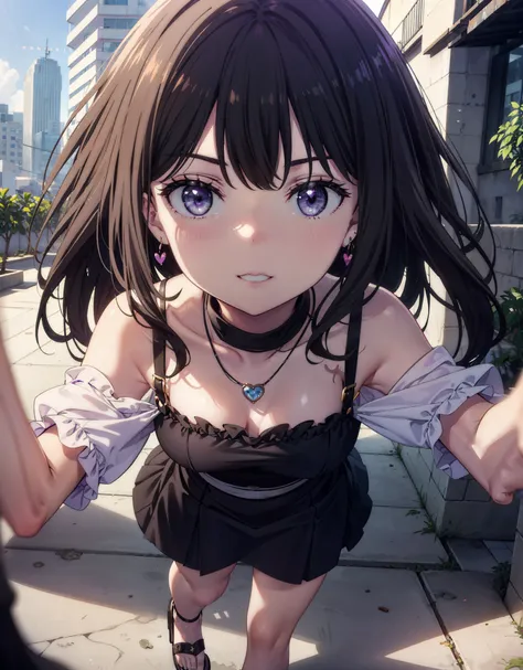 Takiuchikami, Long Hair, bangs, Black Hair, (Purple eyes:1.2),Blue off-shoulder dress,Long skirt,Heeled Sandals,Heart Necklace,Daytime,sunny,Palm tree,Walking,smile,Open your mouth,blush,whole bodyがイラストに入るように,
break outdoors, tropical,Building district,
br...