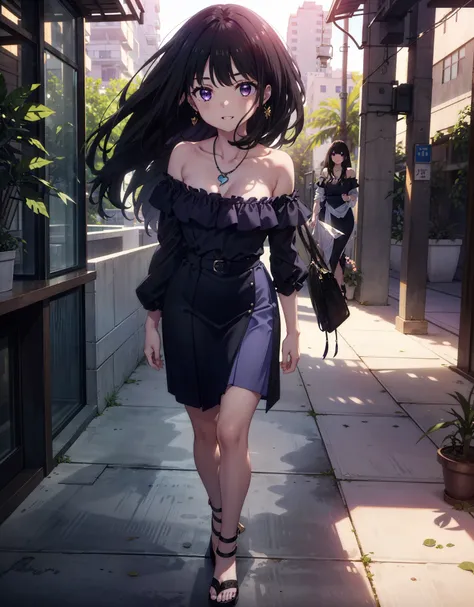 Takiuchikami, Long Hair, bangs, Black Hair, (Purple eyes:1.2),Blue off-shoulder dress,Long skirt,Heeled Sandals,Heart Necklace,Daytime,sunny,Palm tree,Walking,smile,Open your mouth,blush,whole bodyがイラストに入るように,
break outdoors, tropical,Building district,
br...