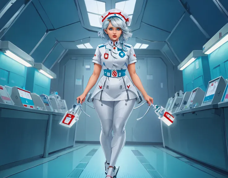 a picture of mech nurse in a futuristic hospital, exquisite beautiful nurse,  dynamic hair style, ((full body shot: 1.5)), ((anatomically correct: 1.5)), (ultra detailed face: 1.2), best detailed face, wearing white nurse robes, white pants, white high hee...