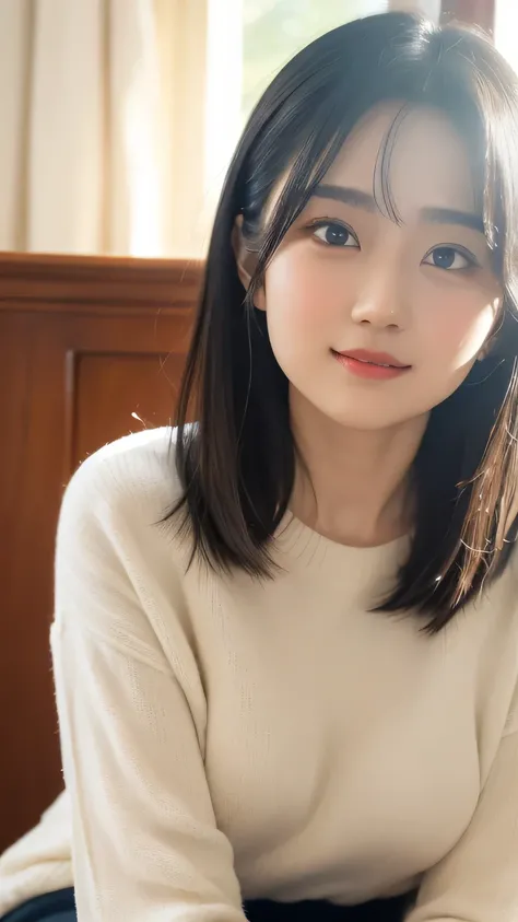 Fat around the face and stomach、whole body、A fun pose、(Highest quality, 8k, 32K, masterpiece, Ultra-high resolution: 1.2), Cute Japanese Women Photos, Very short bob hair, (Extra Large_sweater,:1.1), Simple Background, Leaning forward,
