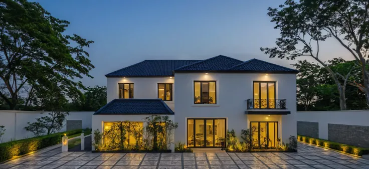 (masterpiece:1.2), best quality, photo of A two-story modern house in VietNam with white walls and dark tiles on the roof., tree and plant environment,daylight, streetcapes, natural light, vivid color, The exterior of an elegant single family home features...