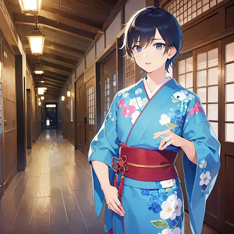  (looking away:1.5), upper body、
masterpiece、Highest quality、
(25-year-old male:1.5) and(Black short hair) and (blue eyes), 
(Blue) and (yukata),Serious,open mouth,The background is a Japanese-style corridor at night,