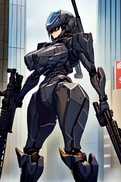 Black shiny rubber suit、Carry a sniper rifle、giganticbreasts、Beautiful thighs、Black Hair、robot joint、Mask with camera、