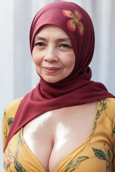 ((Naked Colourfull)), ((Old Lady :1.6)), (((VERY SHINY SKIN))), Very cute like a Matured Lady, ((Stylish Hijab)), adorable, 2 girl, 55 years old, baby face, shy, half body portrait,smile,  (face details: 1), (eye details: 1), ((round large breasts, cleavag...