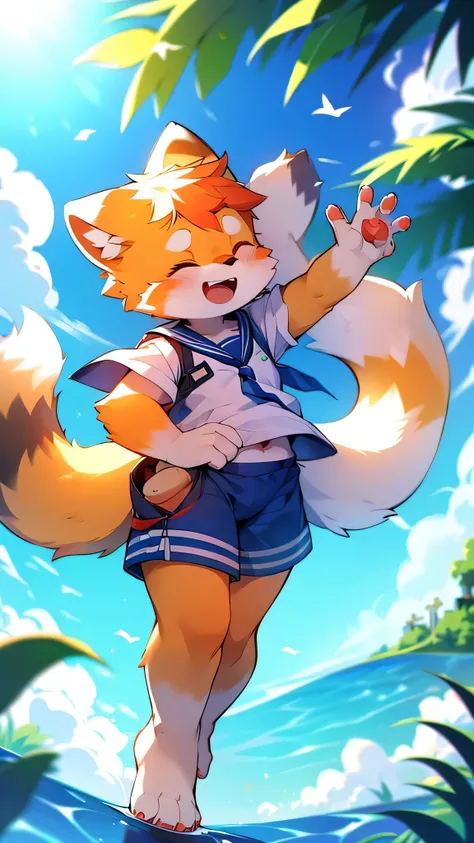 Red Panda Boy，Ocean，Sailor suit,Laughing,Bitter smile