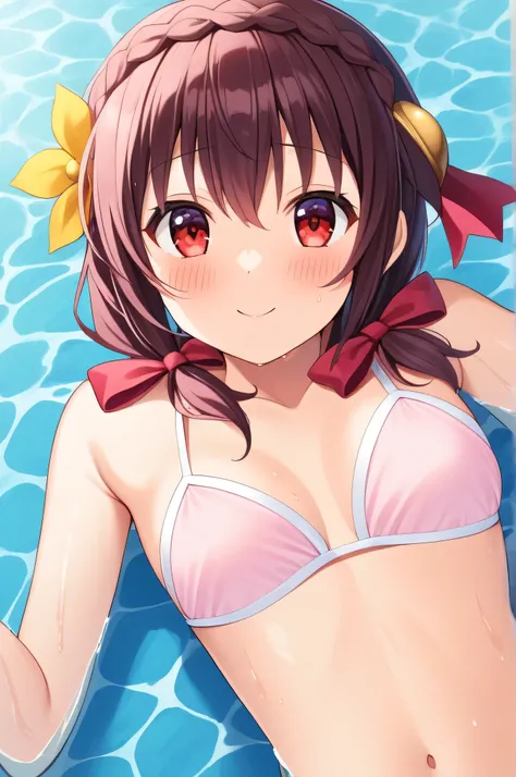 alone, One girl, Yunyun、blush 、View your viewers, Crown braids of the same color as your hair, Red Eyes、hair ornaments, Hair Ribbon, (White and pink bikini)、(Girl floating on her back on the surface of the pool:1.2)、So wet、(A pleasant expression:1.4)、The w...