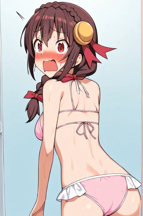 alone, One girl, Yunyun、blush 、View your viewers, Crown braids of the same color as your hair, Red Eyes、hair ornaments, Hair Ribbon, (White and pink bikini)、(Girl looking back)、Wet、(Surprised expression:1.4)