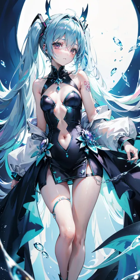 blue theme, Hatsune Miku portrait，masterpiece, magic , (Impossible Dress:1.5), mini skirt, Gradient background, Silver-blue hair, , bangs,Side Chain, pink eyes, (ulzang-6500-v1.1:0.9), Medium chest, Chest, Thigh gap, Hair accessories, arching back, Black_w...