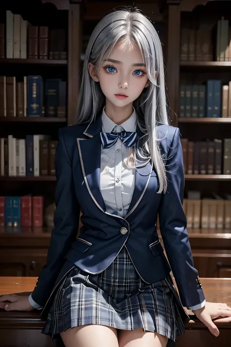 masterpiece,Highest quality,Very detailed,beautiful girl,Navy blue blazer uniform,Checkered Skirt, teenager,Silver Hair,blue eyes,Perfect Face,Beautiful and detailed eyes,Beautiful Skin,skinny,Dynamic,A great library