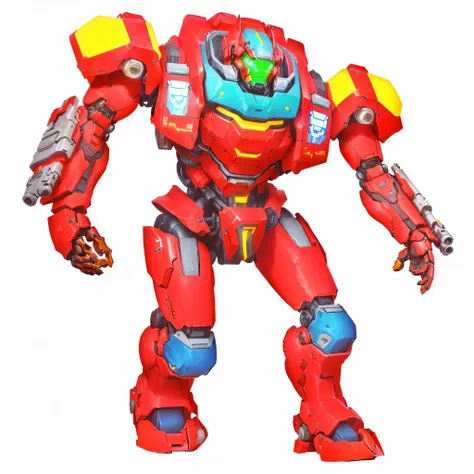 a close up of a robot with a gun in its hand, full body red mech, red mech, colorful muscular robot, mega humanoid mech, winston from overwatch, mecha suit, mech, comic book style battlemech, seapunk mecha, full body mech, scarab reploid, mech suit, winsto...