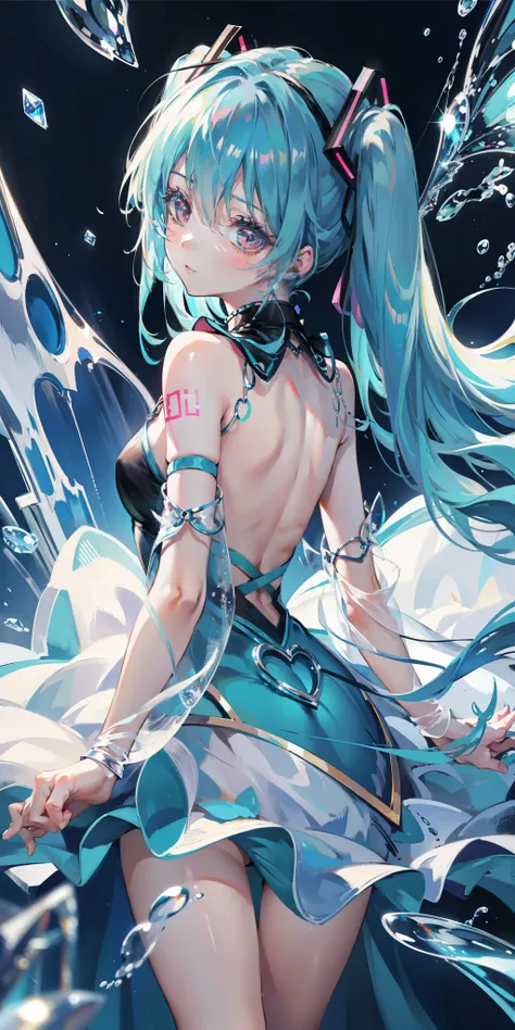 blue theme, Hatsune Miku portrait，masterpiece, magic , (Impossible Dress:1.5), mini skirt, Gradient background, Silver-blue hair, , bangs,Side Chain, pink eyes, (ulzang-6500-v1.1:0.9), Medium chest, Chest, Thigh gap, Hair accessories, arching back, Black_w...