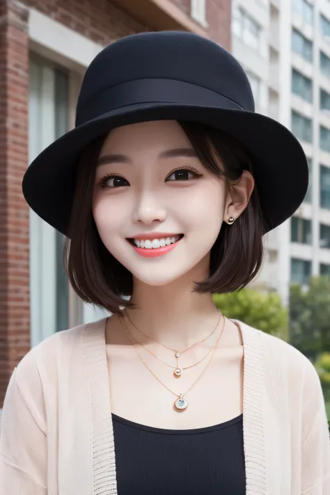 Highest quality, ,smile、Beautiful teeth alignment、Black Hair、hat、Short Haircut、Dark eyeliner、、Long sleeve blouse、ear piercing、necklace,、The background is the building&#39;s corridor.