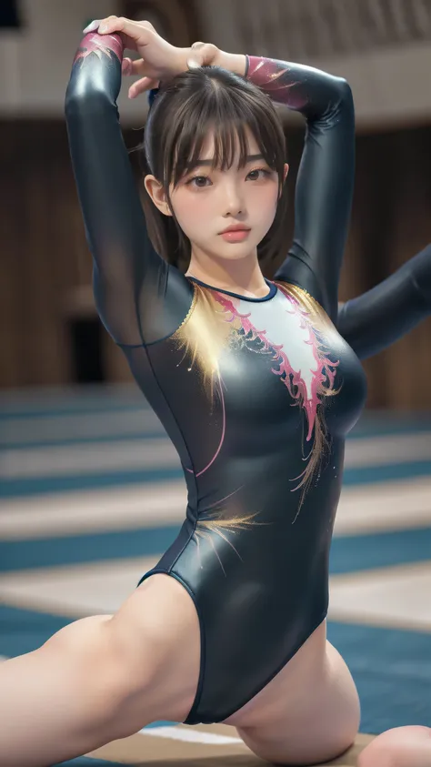 ((indoor, 新gymnastics arena, gymnastics arena:1.3)), (highly detailed skin, beautiful realistic face, white skin, pointed chest,...