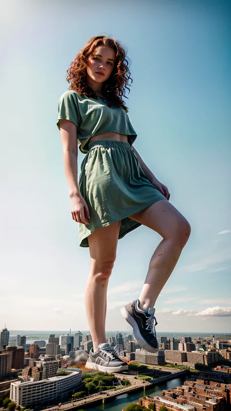 City，one woman, natural irish red hair, curly hair, cute 18 years old, natural makeup, freckles, green eyes, european girl，natural light, giantess, giga giantess, city destruction, sneakers, skyscrapers, city destruction, collapsing buildings, fire, smoke,...