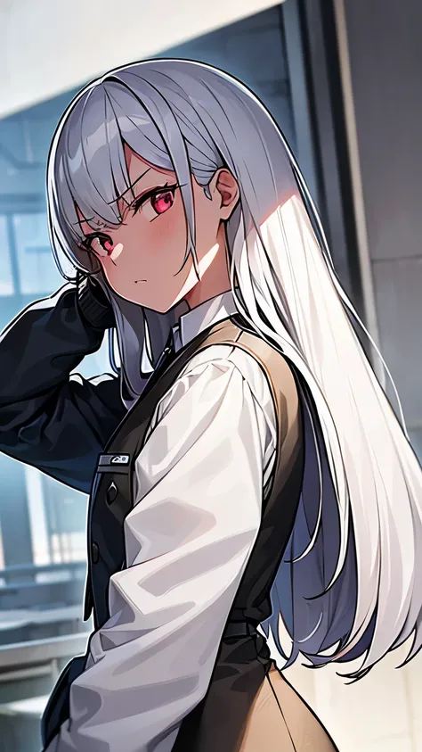 1girl, silver hair, lab mask, vest, big size, formal, villain, angry